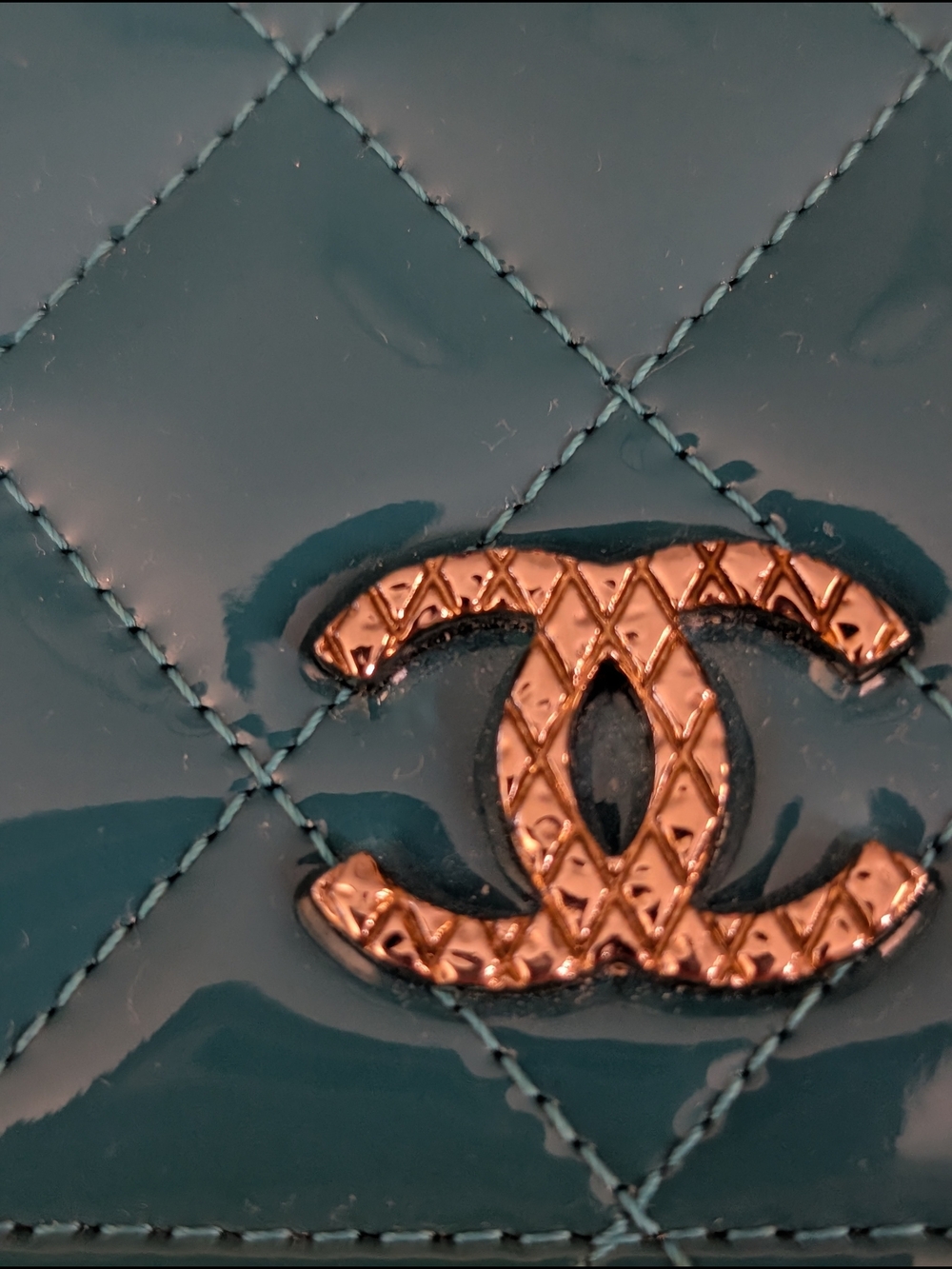CHANEL Teal Quilted Patent Leather Clutch Silver CC Long Wallet Purse - Picture 14 of 15